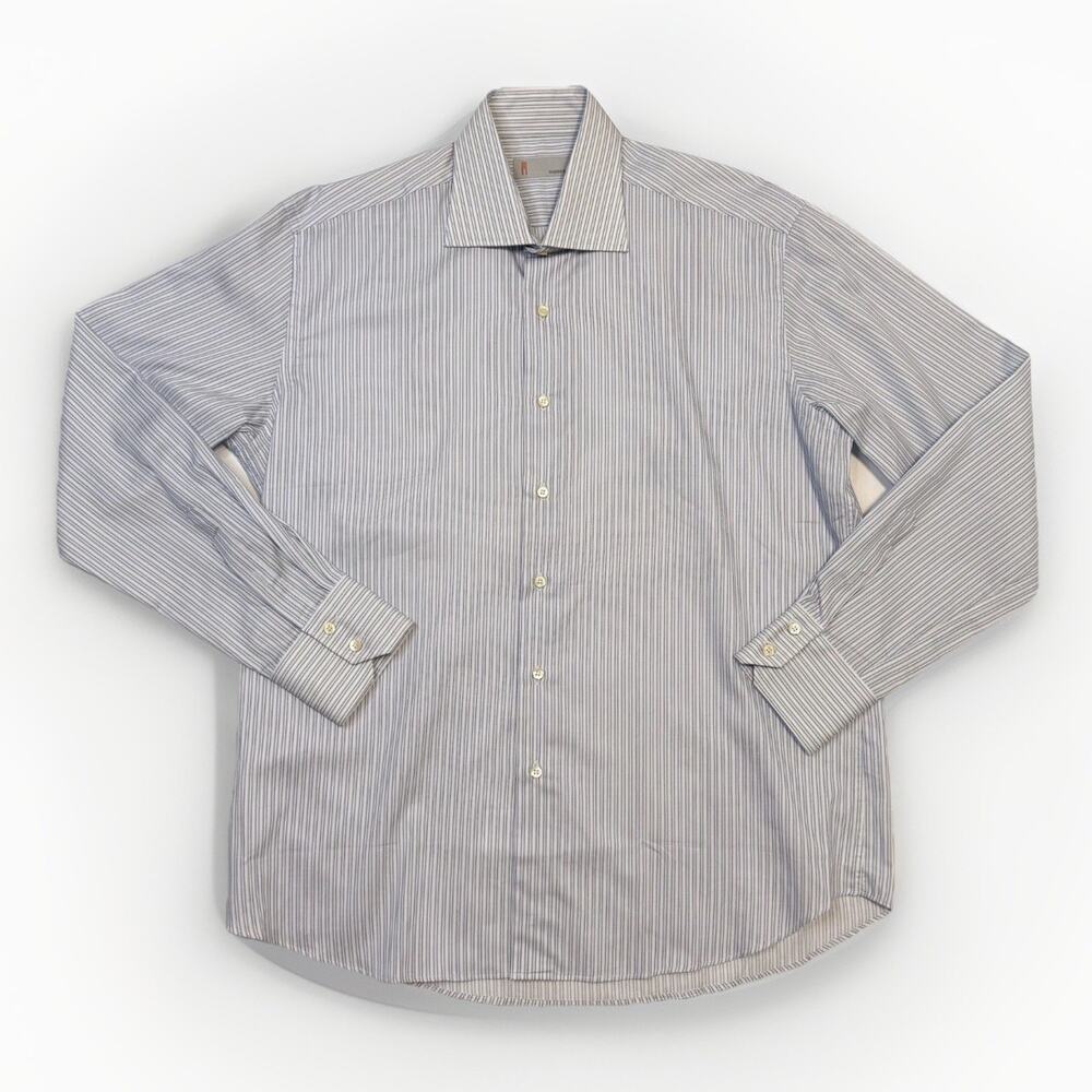 Missoni Dress Shirt Mens 16.5 Blue Stripe 100% Cotton Button Front Long Sleeve